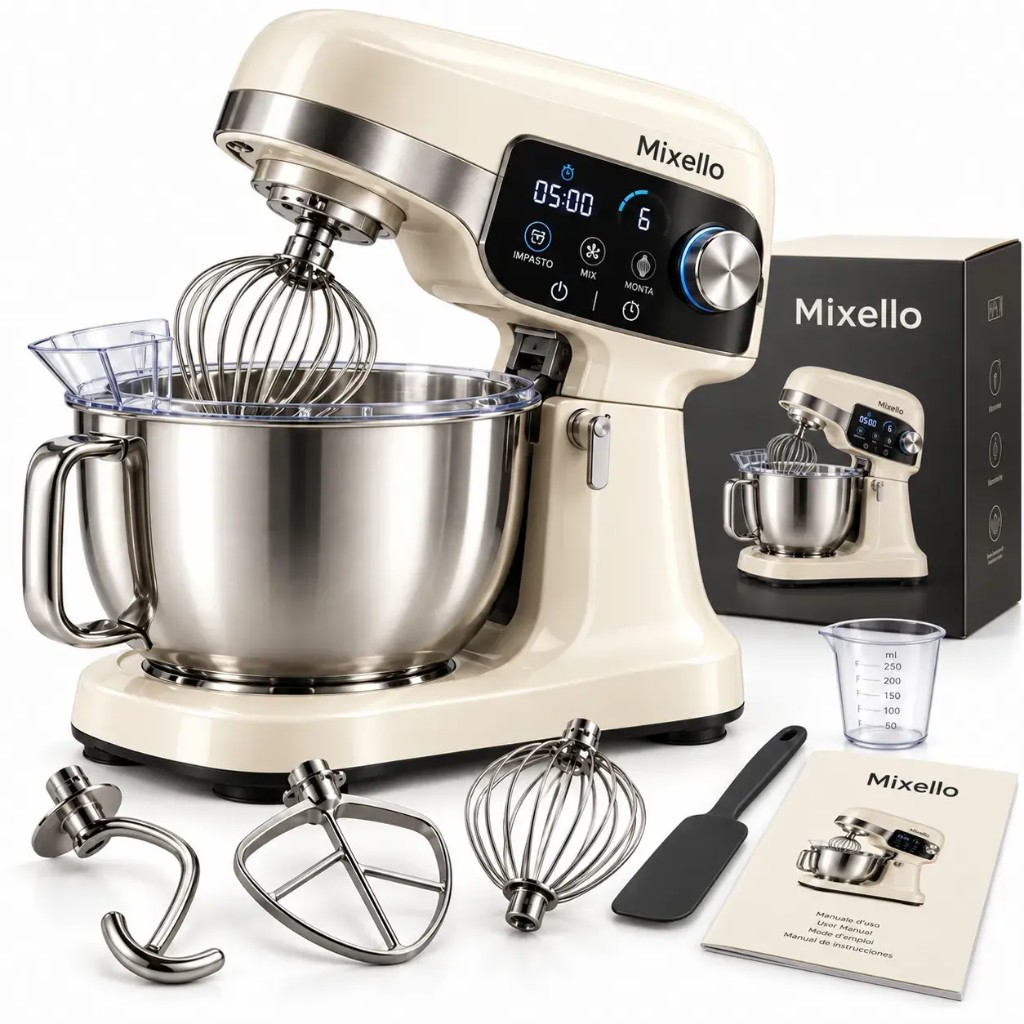 Mixello mit Haken, Rührern, Spatel, Messbecher, Handbuch und Box