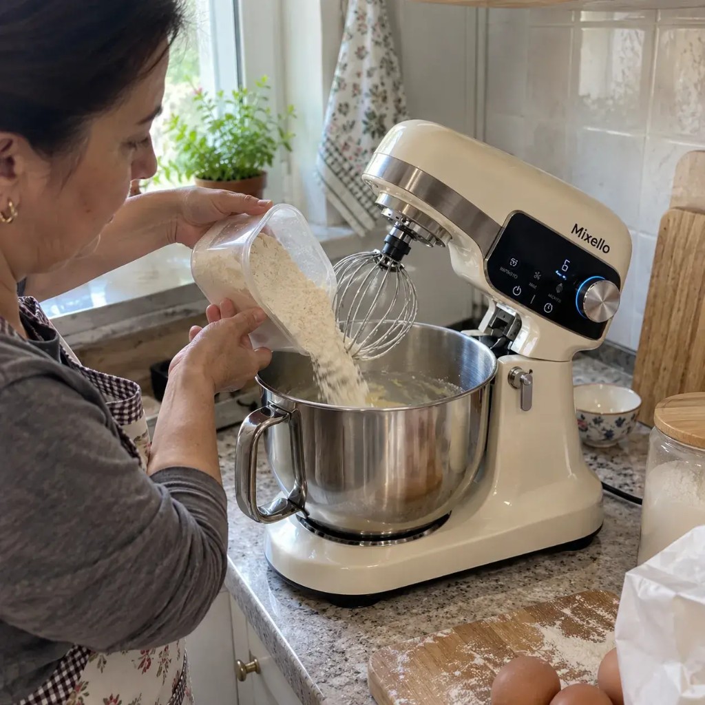 Frau gibt Mehl in die Mixello-Mixerschüssel